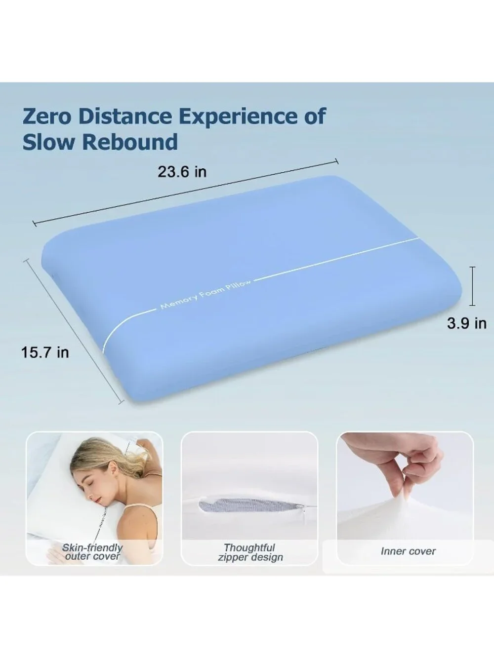 〽️Double Sided Memory Foam Pillow Soft Firm Neck Support Bedding Washable Cover
